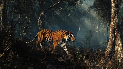 A majestic tiger walks through a dense jungle.