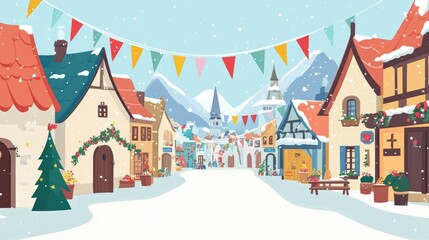 Fototapeta premium Cartoon street party in a European village with banners, streamers, and space for festive text