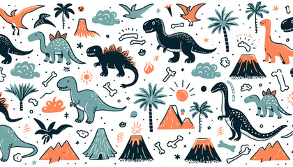 Playful dinosaur pattern with volcanoes and trees in a prehistoric landscape © ArtCommercial