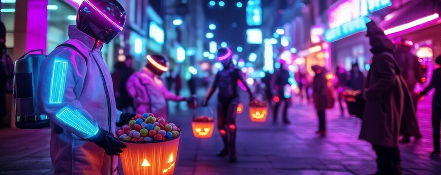 Neon street scene with trick-or-treaters in futuristic costumes, glowing candy buckets and eerie lights, Halloween trick-or-treat, cyberpunk Halloween