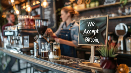 Cryptocurrency finance, virtual money wallet, modern payment methods. Stylish caf&eacute; featuring a sign that says "We Accept Bitcoin," with customers happily making purchases