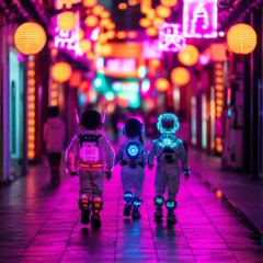 Naklejka premium Neon-lit street with children in futuristic costumes trick-or-treating under glowing decorations, Halloween trick-or-treat, cyberpunk Halloween