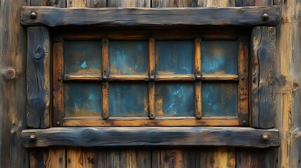 A weathered, wooden window with a rustic, aged look, featuring a grid of panes and a dark, wooden frame.