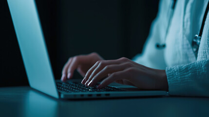 focused female doctor is typing on laptop, showcasing her dedication to patient care and medical practice. dim lighting highlights her concentration and professionalism