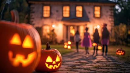 Trick-or-treaters approaching a haunted mansion, glowing jack-o-lanterns lighting the path, eerie shadows in the windows, Halloween trick-or-treat, haunted house