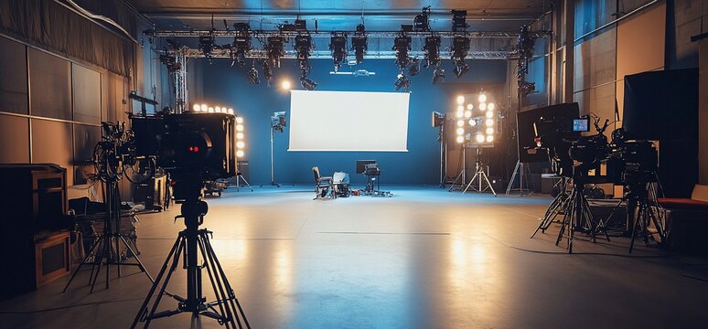 Empty television studio set with lighting and camera equipment.