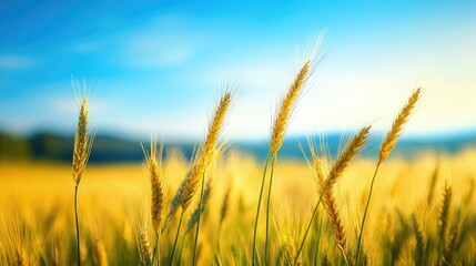 Naklejka premium The golden stalks of a wheat field gently swaying under a vast blue sky, capturing the serenity of the countryside.