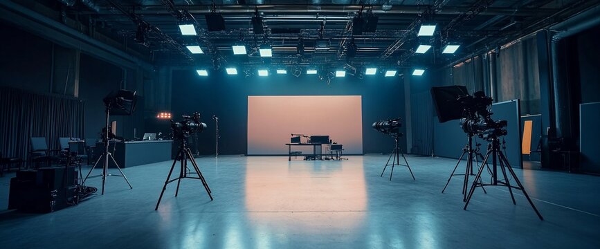 Empty television studio with professional video cameras on tripods, lights and a large screen.