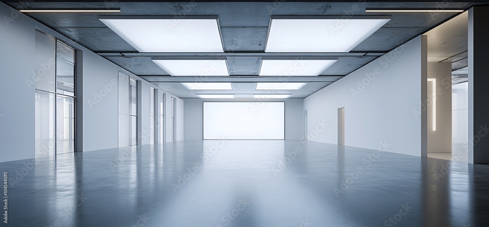Poster empty white room with large window and bright lights.