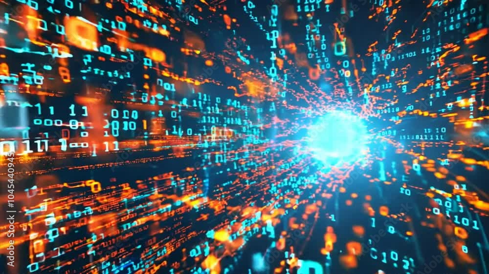 Poster digital data streams showcase vibrant explosions of binary code and glowing particles, representing 