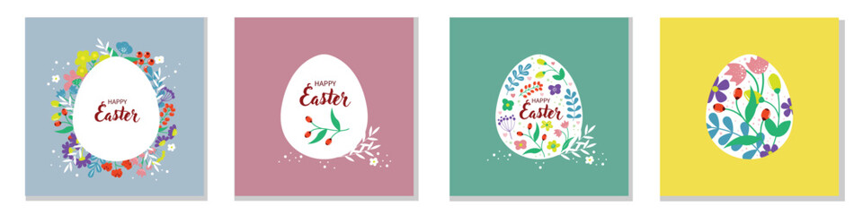 Happy Easter. Set greeting cards, floral poster with flowers and egg. Spring holiday. Simple cartoon design