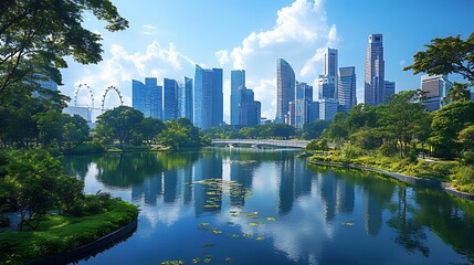 A panoramic view of a city skyline with tall skyscrapers reflecting in a calm lake with lush green trees and a bridge in the foreground.