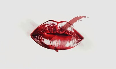 Close-up of red lips with abstract brush stroke overlay.
