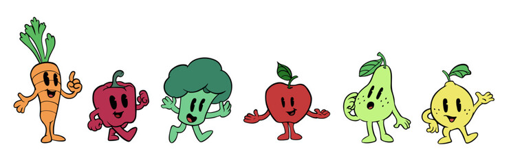 Set of cartoon vegetable characters in retro style. Flat vector illustration on white background