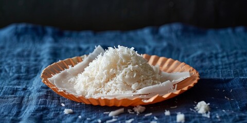 Close-up of shredded coconut on a small orange plate with blue linen fabric.