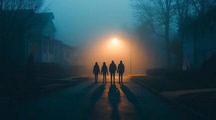 Trick-or-treaters illuminated by a streetlamp, their shadows stretching long on the pavement, spooky fog rolling in, Halloween trick-or-treat, dramatic night