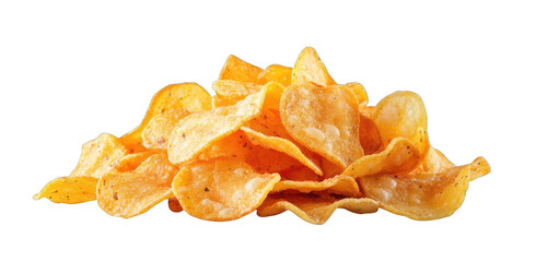 Potato chips displayed artfully, isolated on a clear background.