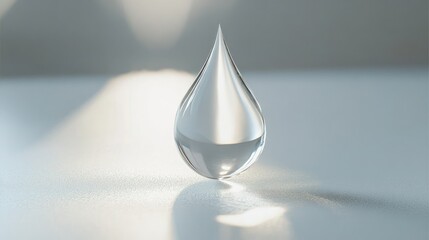 Fototapeta premium Transparent liquid droplet suspended on a smooth white surface, glowing under soft light.