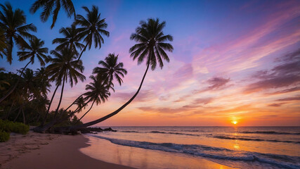 Stunning tropical beach sunset with palm trees and vibrant colorful sky over calm ocean waters.