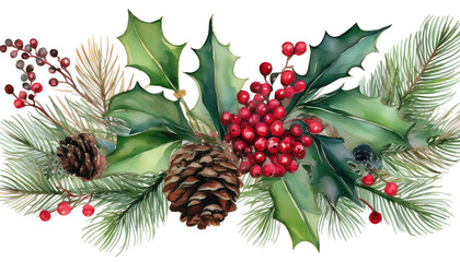 Fototapeta premium watercolor arrangement holly berries pine cones