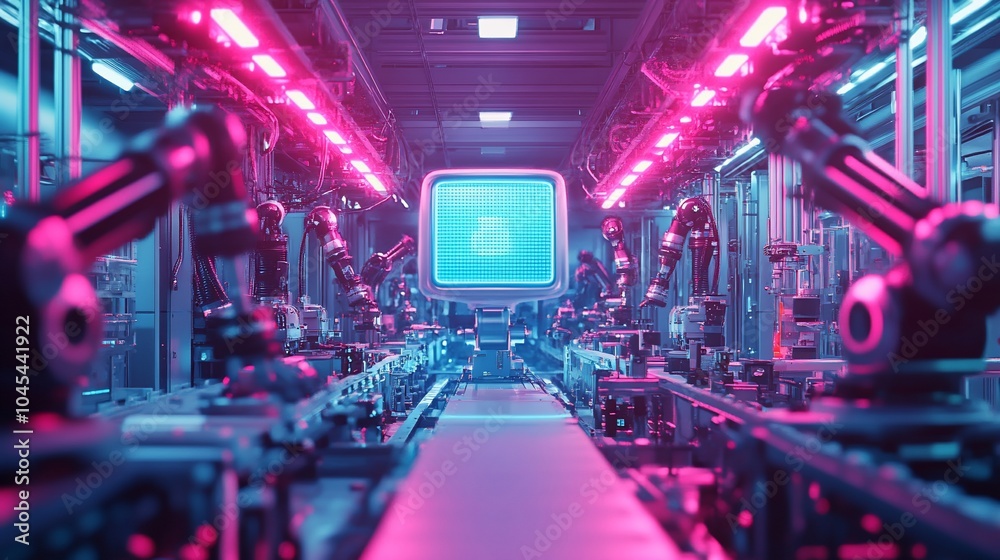 Poster futuristic assembly line with robotic arms and neon lighting.