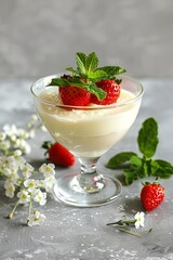 Creamy vanilla dessert with fresh strawberries and mint leaves.
