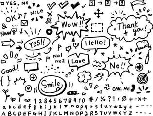 A set of simple and cute monochrome illustrations of hand-drawn doodles and handwriting that can be used for icons, notices, and decorations.