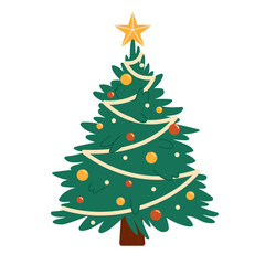 Christmas tree. Festive tree with decorations. Flat isolated vector illustration