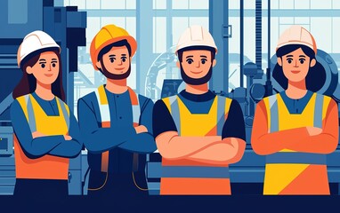 Fototapeta premium Construction workers posing confidently in a workshop setting, showcasing teamwork and safety during the day