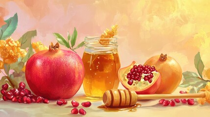 Vibrant layout of traditional Rosh Hashanah items, including honey, apples, and pomegranate seeds, on a gentle pastel background for a festive feel.