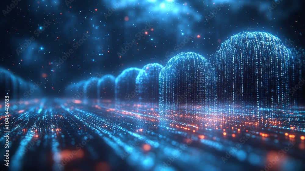 Poster cloud computing involves network connections and binary code.
