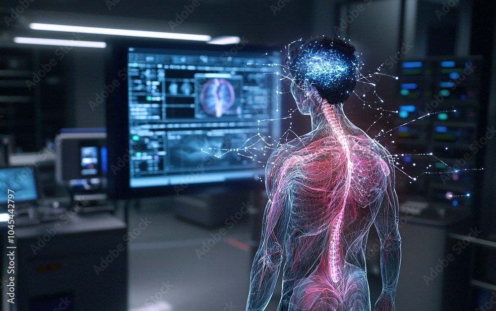 Poster a digital representation of a human figure in a lab exploring neural connections and brain activity 
