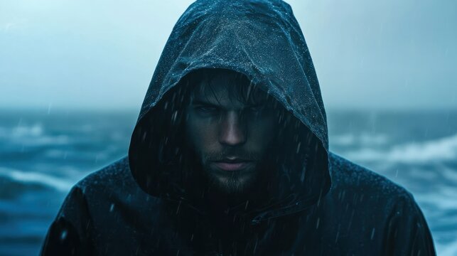 A hacker phishing on a digital ocean. Email phishing attempt. Cyber security concept. Cyber scam. Cyber crime. Wearing a hoodie.