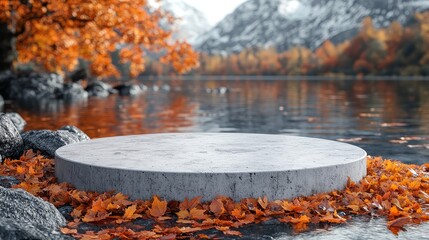 It features floating leaves and a circular platform set against an autumnal lakeside scene.