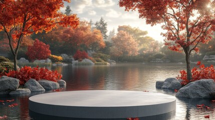 A lakeside scene is serene with floating autumn leaves and a circular platform.