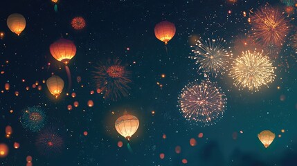 Colorful fireworks in the night sky over a South Asian festival, celebration with ample copy space