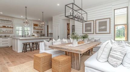 Modern farmhouse dining room with a large wooden table, white couches, and a large window overlooking a green lawn.
