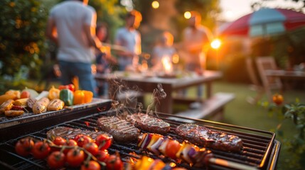 A summer BBQ scene: grill with burgers and cherry tomatoes, man cooking, friends at dining table, warm and sociable atmosphere with family.