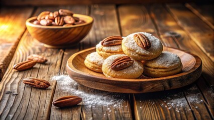Fototapeta premium Sweet and Nutty Delights Powdered Sugar Coated Cookies with Topped Pecans on Rustic Wooden Background