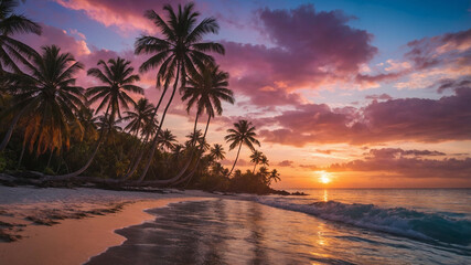 Stunning tropical beach sunset with palm trees and vibrant colorful sky over calm ocean waters.