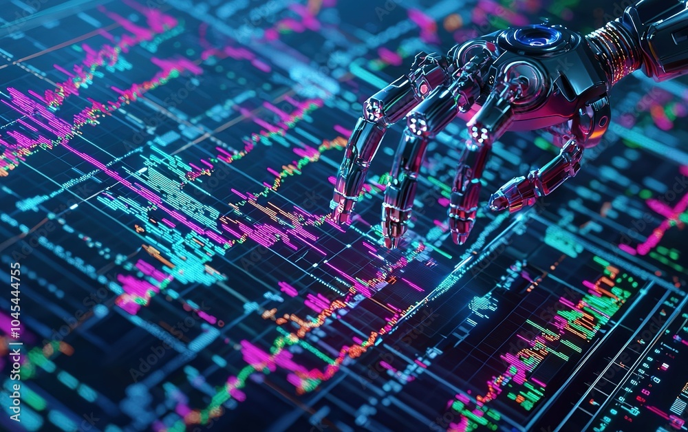 Poster a robotic hand interacts with colorful data charts and graphs on a digital screen in a futuristic da