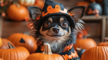 Halloween pet costume. Featuring a pet dressed in a Halloween costume with spooky decorations. Highlighting the festive and fun nature of Halloween for pets. Ideal for Halloween-themed pet events.