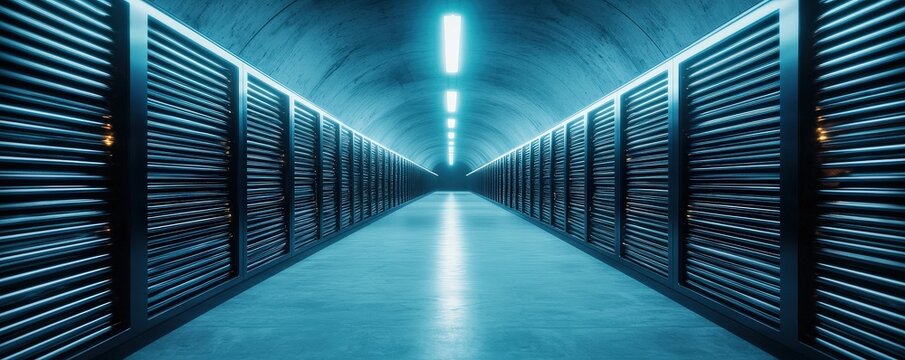 A dark, futuristic storage facility with rows of illuminated server racks, showcasing a high-tech environment.