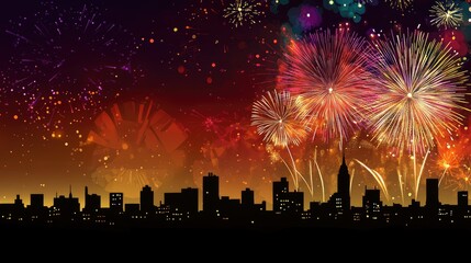 Obraz premium Fireworks above a city skyline, vibrant colors and ample space for festive text