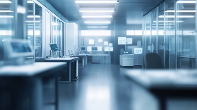 Abstract blurred science lab interior room blurry working space with defocused : Generative AI