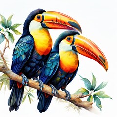 Fototapeta premium Two colorful toucans perched on a branch amidst lush foliage.