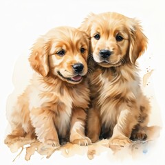Fototapeta premium Two adorable golden retriever puppies sitting together, conveying warmth and playfulness.