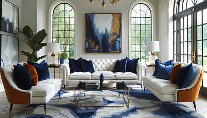 Modern Art Deco Living Room, a luxurious living room filled with geometric furniture, gold accents, and sleek