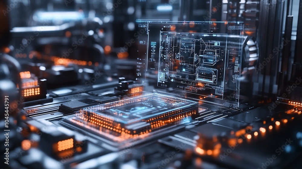 Poster Futuristic digital circuit board with a glowing screen displaying data.
