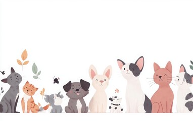 A delightful design featuring happy dogs and cats on a white banner, perfect for enhancing a pet care website or serving as an engaging social media header